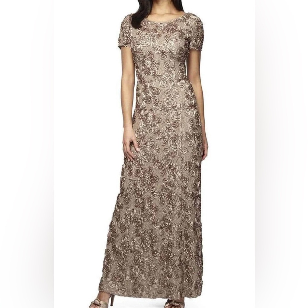 Alex Evenings Champagne Rosette Gown Dress Wedding Mother of Bride A-Line US 14